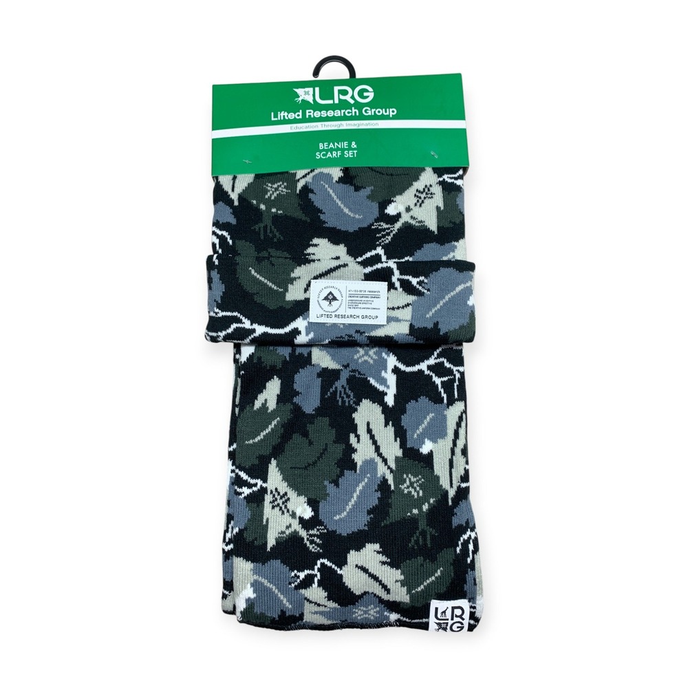 LRG Camo Beanie &‎ Scarf Set Forest Grey Knit Winter Streetwear OS NWT